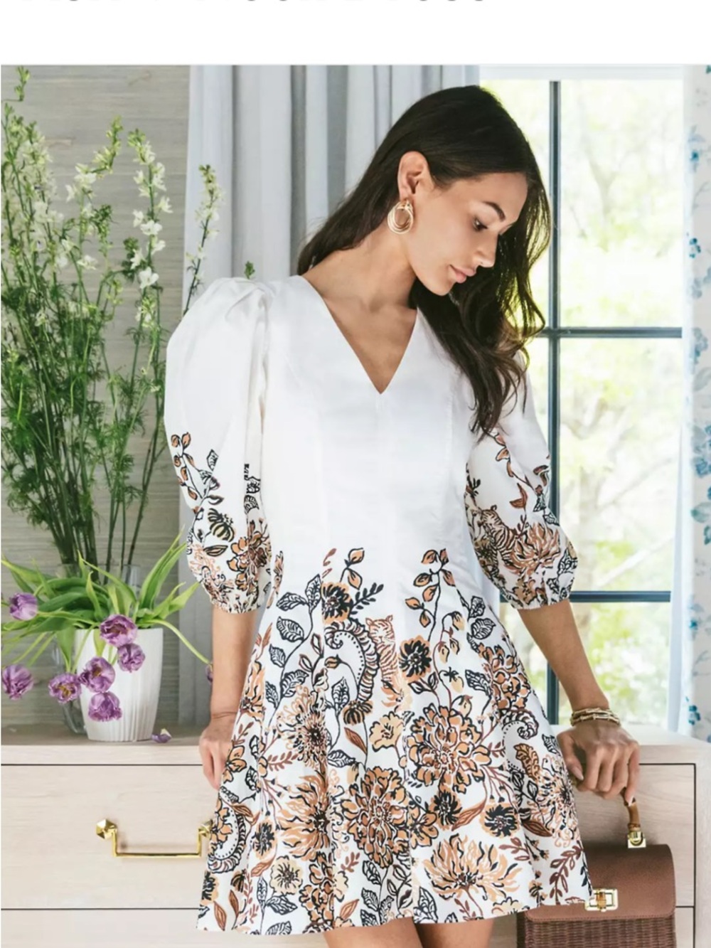 Lilly Pulitzer White Floral Mini Dress with Tan and Black Print